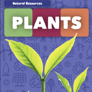 A book cover with a purple background patterned with line drawings of natural resources, featuring a central green plant sprout with two large leaves, and the word "PLANTS" in bold white letters across three colored rectangles: green, red, and orange, with "Natural Resources" in a blue rectangle at the top left.